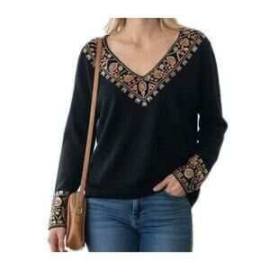Exotic Long Sleeve Top Size XL BLACK Tunic Embroidered Beaded Coin Beads Elegant